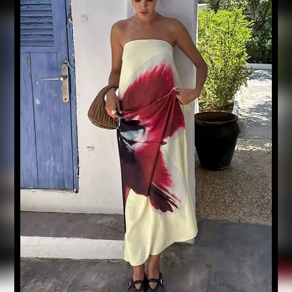 Sexy Strapless Print Floral Belt Women Maxi Dress Yellow Backless Vacation - Picture 7 of 9